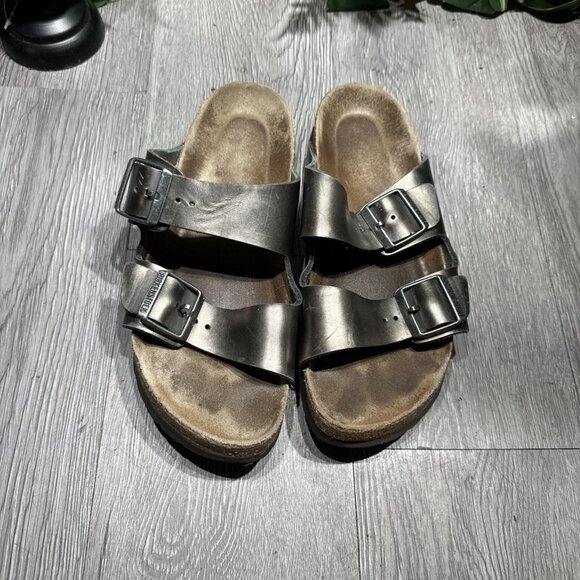 Birkenstock Arizona Soft Bed Leather Metallic Green Women Sandals Size 40 US 9 - Picture 2 of 6